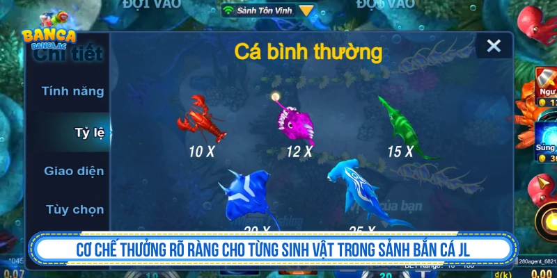 Cơ chế thưởng rõ ràng cho từng sinh vật trong sảnh bắn cá JL